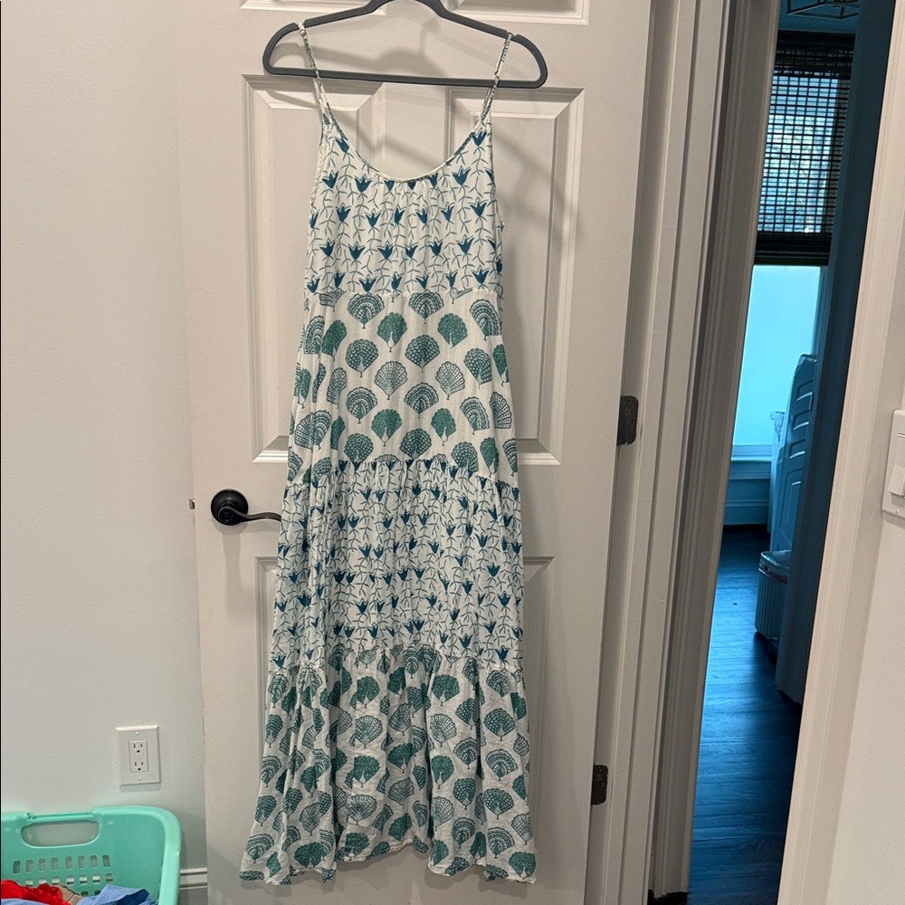Roller Rabbit Teal and White Tiered Maxi Dress